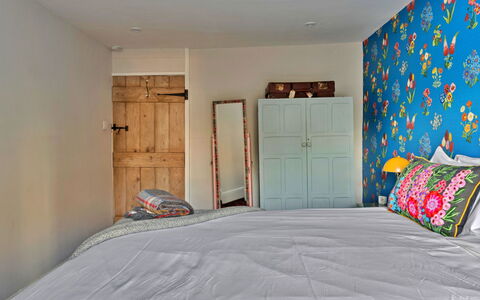 Flittermouse Cottage: Furniture, Interior Design, Bedroom, Wall, Bed Sheet, Bed, Bedding, Wood, Linens, Yellow