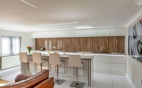 Hollies Coach House: Furniture, Interior Design, Flooring, Wood, Floor, Ceiling, Kitchen, Countertop, Light Fixture, Cabinetry