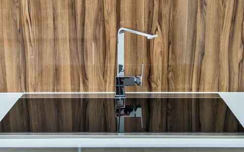 Hollies Coach House: Wood, Plumbing Fixture, Kitchen, Tap, Glass, Hardwood, Wood Stain, Wood Flooring, Countertop