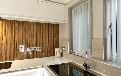 Hollies Cottage, Willow (2 Bed): Kitchen, Countertop, Interior Design, Flooring, Wood, Cabinetry, Kitchen Appliance, Plumbing Fixture, Tap, Home
