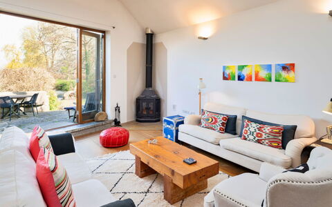 Mill Barn by the Stream: Furniture, Interior Design, Couch, Wood, Flooring, Living Room, Table, Room, Ceiling, Floor