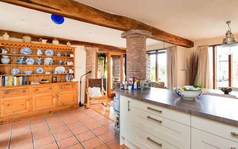 New Lodge Granary: Furniture, Interior Design, Flooring, Wood, Kitchen, Cabinetry, Floor, Countertop, Ceiling, Room