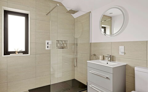Firethorn: Flooring, Bathroom, Floor, Wall, Interior Design, Plumbing Fixture, Bathroom Sink, Bathroom Cabinet, Sink, Toilet