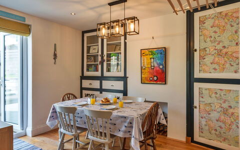 Bude Bolthole: Furniture, Interior Design, Wall, Flooring, Wood, Dining Room, Ceiling, Light Fixture, Chair, Table