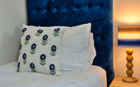 The Cart Shed: Blue, Furniture, Bedroom, Linens, Textile, Bed, Throw Pillow, Interior Design, Cushion, Pillow