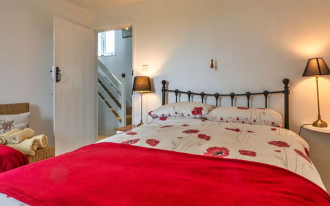 Barn, Quinceborough Farm: Bed, Furniture, Bedroom, Bedding, Bed Sheet, Interior Design, Wall, Wood, Room, Linens