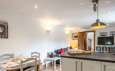 The Hayloft: Furniture, Interior Design, Wood, Ceiling, Flooring, Kitchen, Room, Floor, Lighting, Countertop