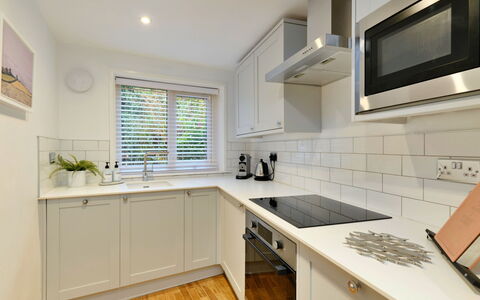 Millstone Cottage: Kitchen, Countertop, Kitchen Appliance, Interior Design, Major Appliance, Cabinetry, Flooring, Wood, Floor, Ceiling