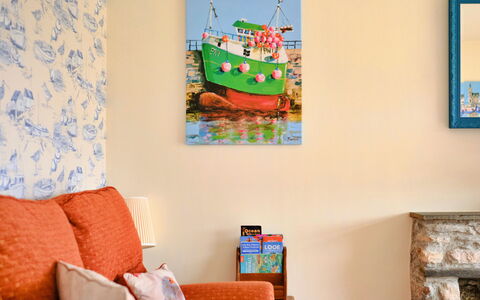 Looe Valley View: Furniture, Interior Design, Wall, Picture Frame, Textile, Room, Lighting, Living Room, Orange, Flooring