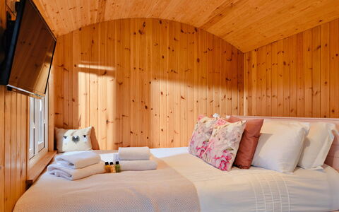 Demelza Shepherd'S Hut: Interior Design, Bedroom, Wood, Bed, Flooring, Bed Sheet, Bedding, Floor, Lighting, Furniture