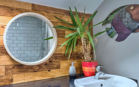 High Cross House: Mirror, Interior Design, Lighting, Bathroom Sink, Plumbing Fixture, Sink, Tap, Bathroom, Glass, Houseplant