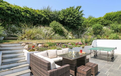 Lake View: Furniture, Outdoor Furniture, Table, Chair, Garden, Shrub, Outdoor Table, Flowerpot, Flagstone