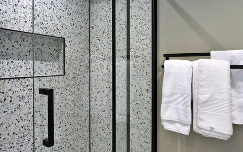 Thyme Bank: Plumbing Fixture, Bathroom, Flooring, Interior Design, Plumbing, Floor, Tile, Shower Door, Composite Material, Glass