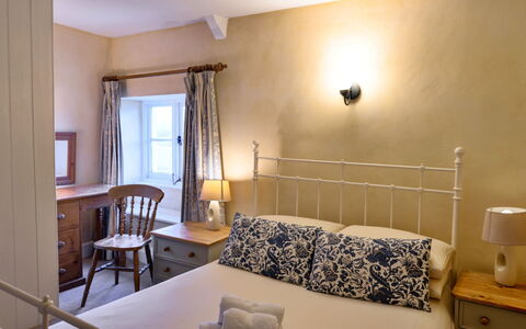 Syncocks Farm Cottage: Bed, Furniture, Wall, Bedroom, Interior Design, Floor, Wood, Bedding, Flooring, Bed Sheet