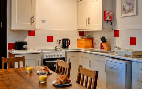 Old Nog Cottage, Stowford: Furniture, Kitchen, Kitchen Appliance, Major Appliance, Interior Design, Flooring, Wood, Countertop, Room, Floor