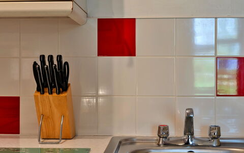 Old Nog Cottage, Stowford: Red, Kitchen, Countertop, Kitchen Appliance, Tile, Tap, Kitchen Sink, Sink, Plumbing, Plumbing Fixture