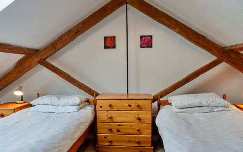 Old Nog Cottage, Stowford: Furniture, Bed, Bedroom, Interior Design, Floor, Flooring, Wood, Ceiling, Bedding, Room