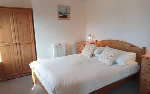 Halcyon Cottage, Stowford: Bed, Furniture, Bedroom, Bedding, Bed Sheet, Interior Design, Wood, Floor, Flooring, Room