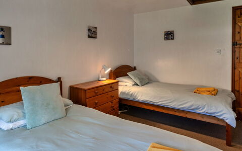 Tarquol Cottage, Stowford: Bed, Bedroom, Furniture, Wall, Bed Sheet, Bedding, Floor, Wood, Flooring, Interior Design