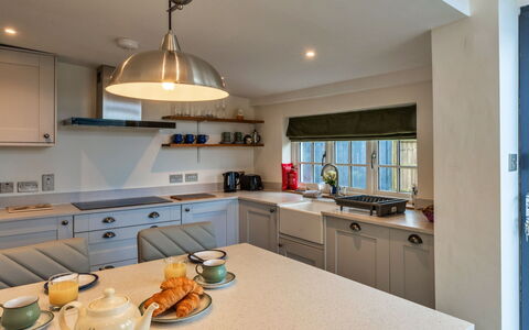 The Cottage at High Bickington: Interior Design, Countertop, Furniture, Kitchen, Kitchen Appliance, Cabinetry, Flooring, Ceiling, Wood, Light Fixture