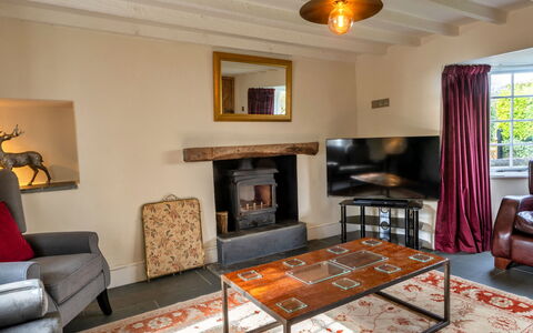 The Cottage at High Bickington: Furniture, Interior Design, Flooring, Wall, Couch, Wood, Floor, Living Room, Ceiling, Room