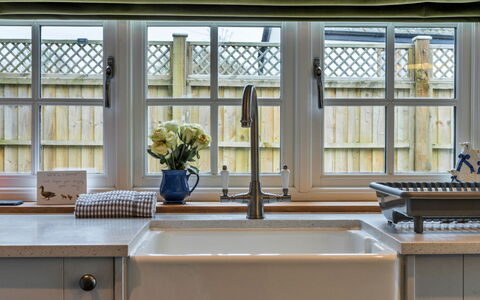 The Cottage at High Bickington: Kitchen, Interior Design, Kitchen Sink, Plumbing Fixture, Countertop, Sink, Tap, Lighting, Home, Plumbing