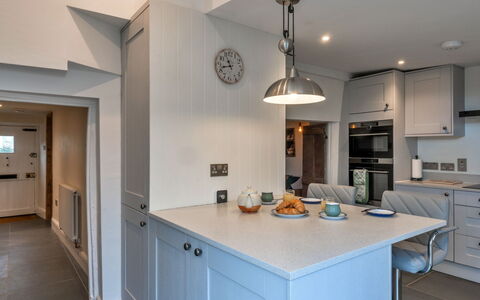 The Cottage at High Bickington: Interior Design, Kitchen, Wall, Cabinetry, Countertop, Flooring, Ceiling, Wood, Furniture, Kitchen Appliance