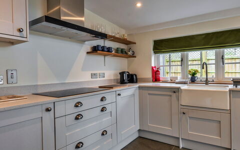 The Cottage at High Bickington: Kitchen, Wood, Countertop, Cabinetry, Kitchen Appliance, Interior Design, Major Appliance, Flooring, Home Appliance, Ceiling