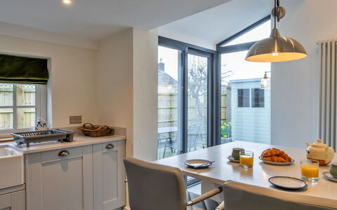 The Cottage at High Bickington: Furniture, Interior Design, Wood, Ceiling, Countertop, Kitchen, Light Fixture, Flooring, Cabinetry, Home