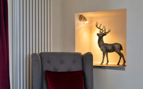 The Cottage at High Bickington: Interior Design, Lighting, Furniture, Room, Picture Frame, Light Fixture, Lamp, Antler, Living Room, Natural Material