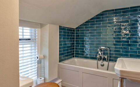 The Cottage at High Bickington: Blue, Plumbing Fixture, Bathroom, Flooring, Floor, Bathtub, Plumbing, Tap, Tile, Sink