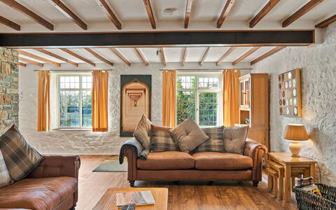 The Old School House at Instow: Furniture, Interior Design, Wood, Flooring, Couch, Floor, Ceiling, Living Room, Lighting, Home