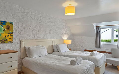 The Old School House at Instow: Wall, Furniture, Wood, Interior Design, Bed, Floor, Bedroom, Ceiling, Flooring, Bedding