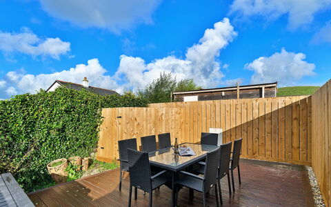 The Old School House at Instow: Wood, Hardwood, Wood Stain, Plank, Garden, Deck, Wood Flooring, Fence, Landscaping, Shade