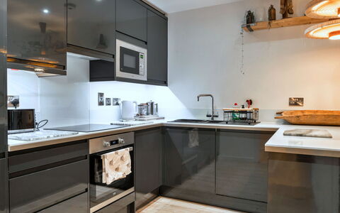 Plymouth City Apartment 15: Kitchen, Kitchen Appliance, Countertop, Furniture, Cabinetry, Major Appliance, Interior Design, Flooring, Wood, Home Appliance