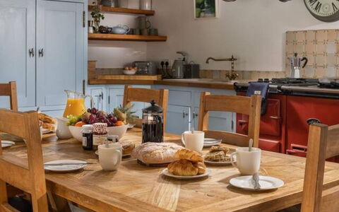 Coulscott Old Barn: Furniture, Kitchen, Cabinetry, Wood, Countertop, Flooring, Tableware, Kitchen Appliance, Interior Design, Kitchen & Dining Room Table