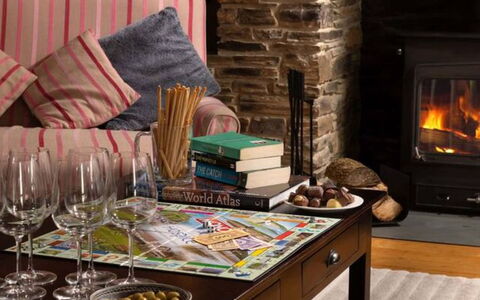 Coulscott Old Barn: Furniture, Interior Design, Flooring, Hearth, Wood, Living Room, Table, Room, Chair, Lighting