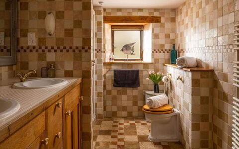 Coulscott Old Barn: Flooring, Interior Design, Bathroom, Floor, Wall, Plumbing Fixture, Tile, Bathroom Sink, Bathroom Cabinet, Plumbing