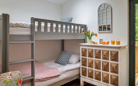 Coulscott Pipistrelle Barn: Furniture, Bunk Bed, Bed, Bedroom, Interior Design, Bedding, Wood, Bed Sheet, Floor, Flooring