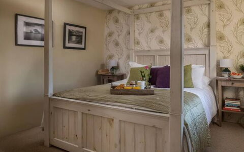 Coulscott Peacock Cottage: Furniture, Bed, Interior Design, Bedroom, Wall, Flooring, Bedding, Floor, Wood, Bed Sheet