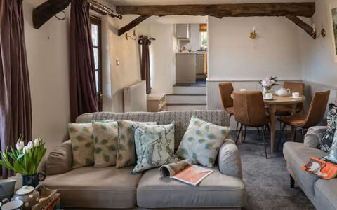 Coulscott Peacock Cottage: Furniture, Interior Design, Wall, Couch, Wood, Flooring, Living Room, Room, Floor, Ceiling