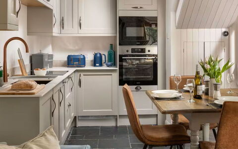 Coulscott Aylesbury Cottage: Kitchen, Furniture, Kitchen Appliance, Countertop, Cabinetry, Major Appliance, Interior Design, Wood, Flooring, Home Appliance