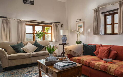 Coulscott Farmhouse: Furniture, Couch, Interior Design, Living Room, Flooring, Room, Floor, Ceiling, Table, Throw Pillow