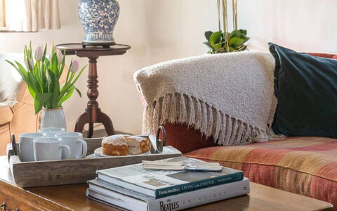 Coulscott Farmhouse: Furniture, Table, Interior Design, Couch, Tableware, Living Room, Throw Pillow, Flooring, Picture Frame, Cushion