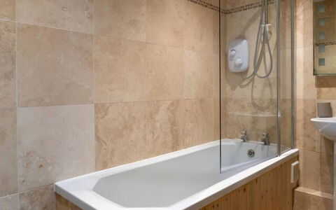 Coulscott Farmhouse: Bathroom, Bathtub, Plumbing Fixture, Wall, Flooring, Floor, Interior Design, Plumbing, Tap, Tile
