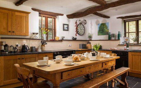 Coulscott House: Furniture, Kitchen, Interior Design, Wood, Flooring, Countertop, Cabinetry, Table, Kitchen Appliance, Lighting