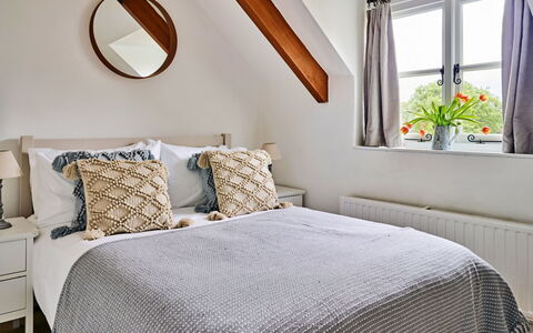 Coachmans Cottage: Bed, Furniture, Interior Design, Bedroom, Bedding, Bed Sheet, Wood, Linens, Flooring, Room