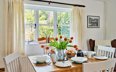 Coachmans Cottage: Furniture, Interior Design, Dining Room, Table, Tableware, Wood, Chair, Kitchen & Dining Room Table, Textile, Lighting