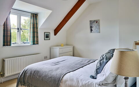 Coachmans Cottage: Bed, Furniture, Interior Design, Bedroom, Bedding, Bed Sheet, Wood, Ceiling, Home, Flooring