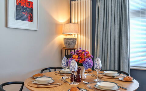 Paw'S Rest: Furniture, Interior Design, Table, Dining Room, Textile, Lighting, Chair, Kitchen & Dining Room Table, Window Covering, Light Fixture